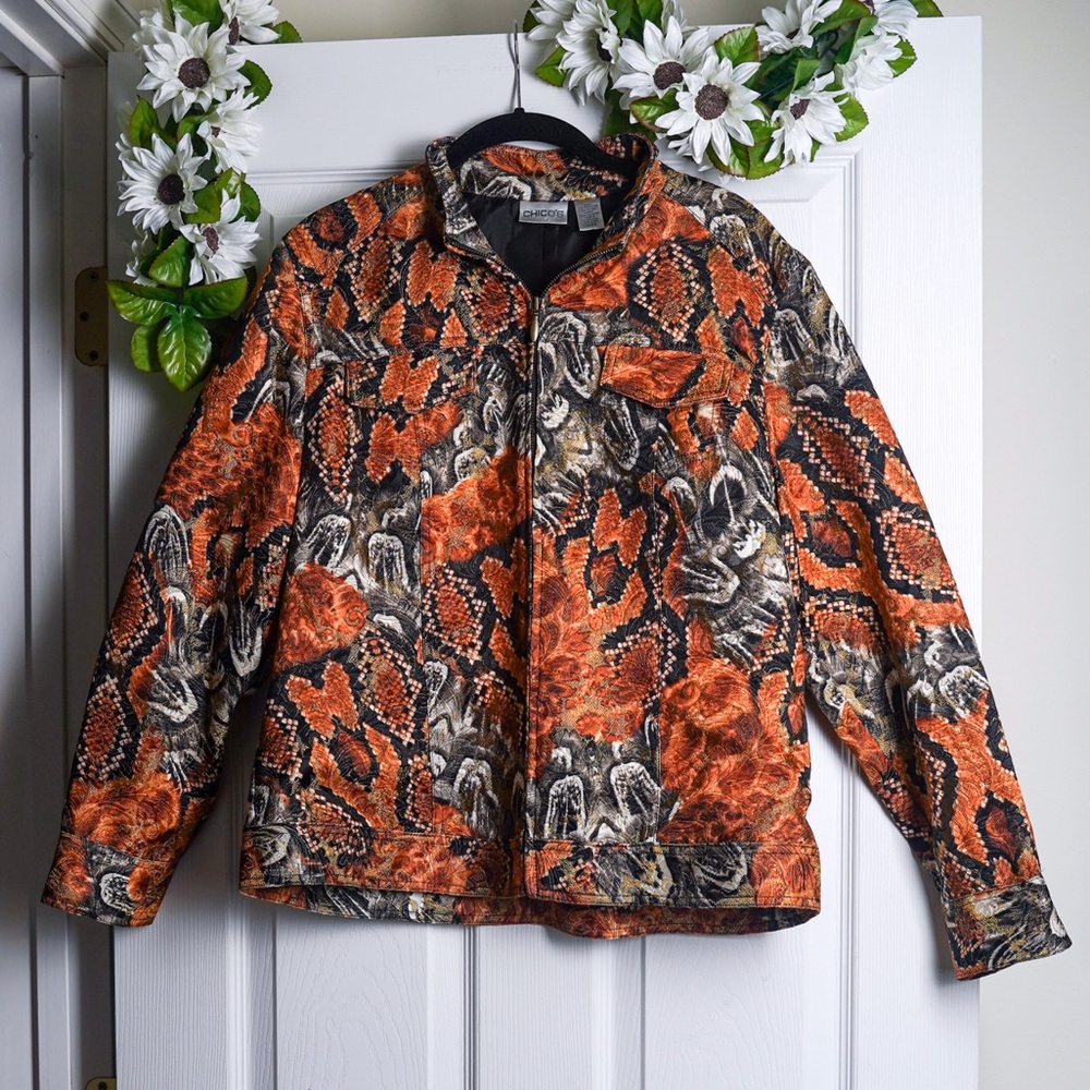 Chico's Embroidered Jacket Zip Up Orange Black Blazer Pockets size L Fall